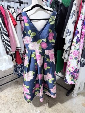 Eliza J Navy Floral Fit-and-Flare Dress with Pink Roses